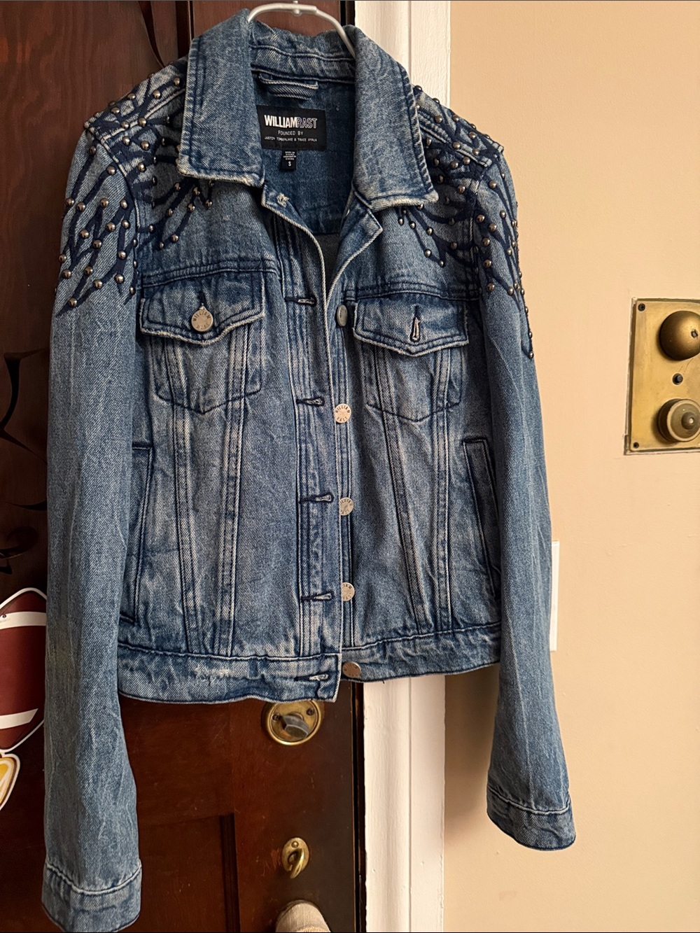 William Rast Cotton Distressed Blue Studded Denim Jacket